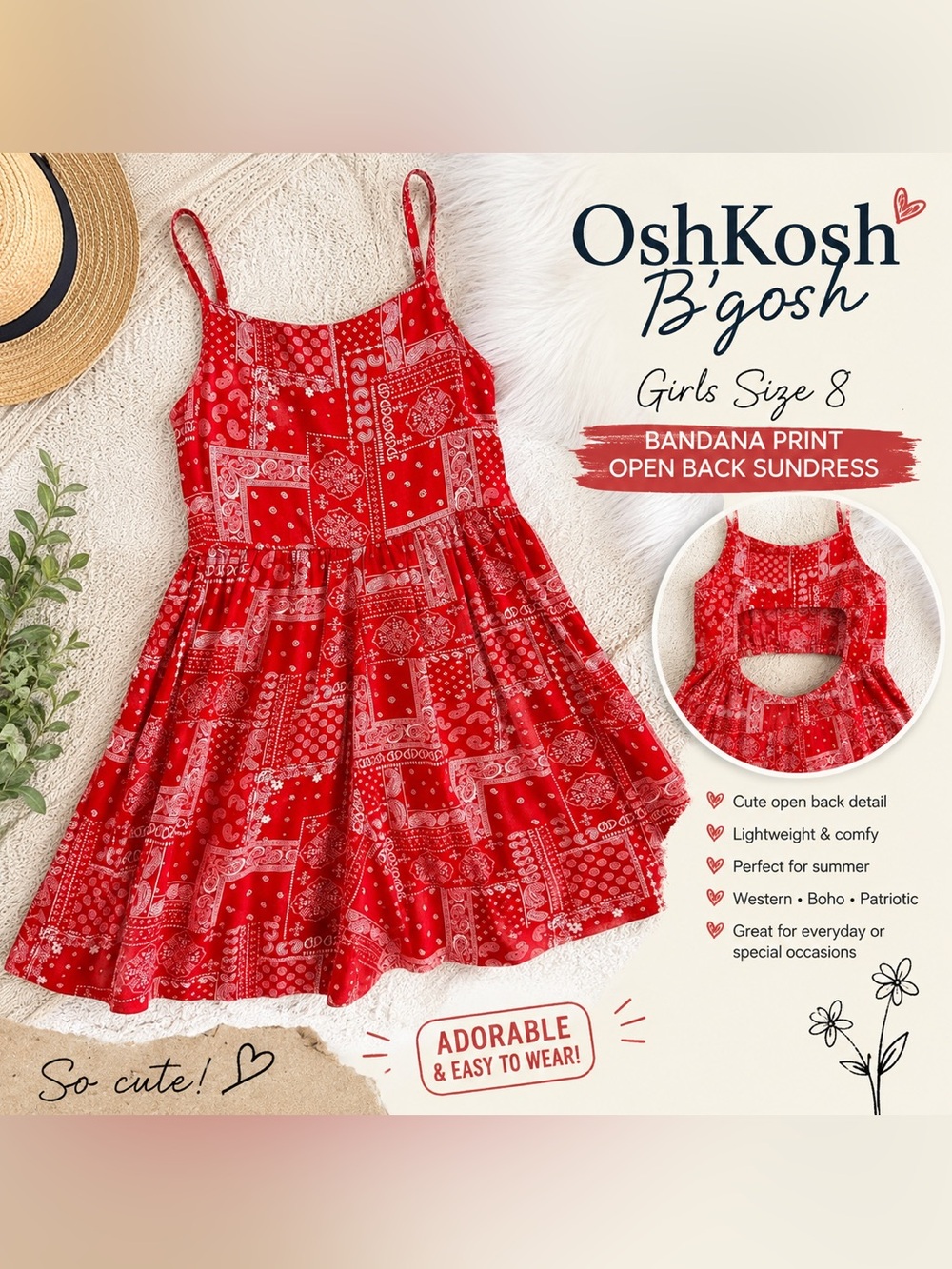NWOT OshKosh B’gosh Red Bandana Print Open Back Sundress – Girls Size 8
